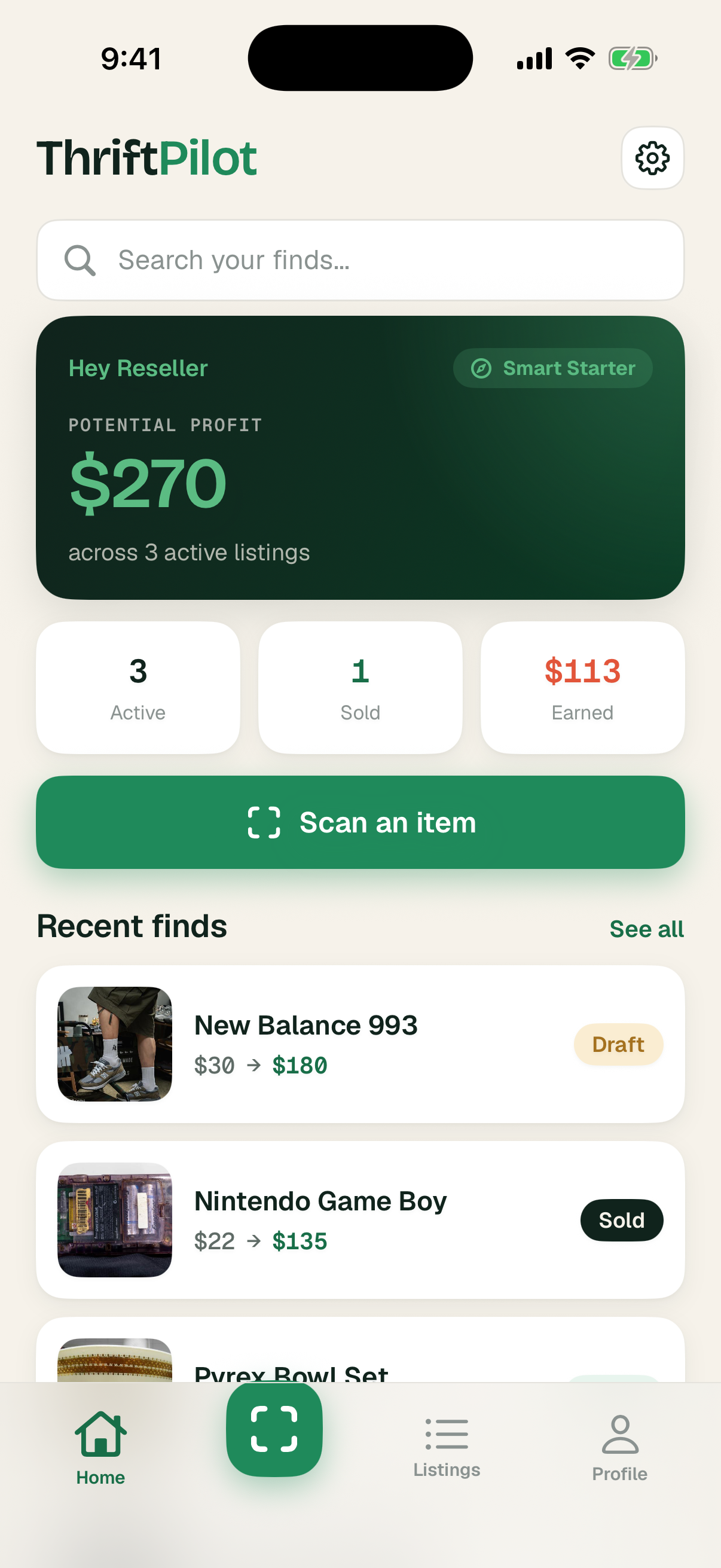 ThriftPilot app home screen showing potential profit and recent finds